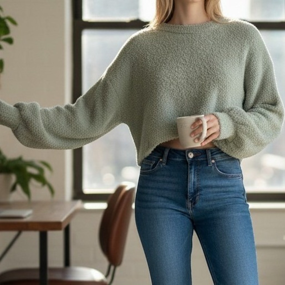 The Foxy Kind Sweater (S) Sage Green EXCELLENT Cropped Popcorn Balloon Sleeve